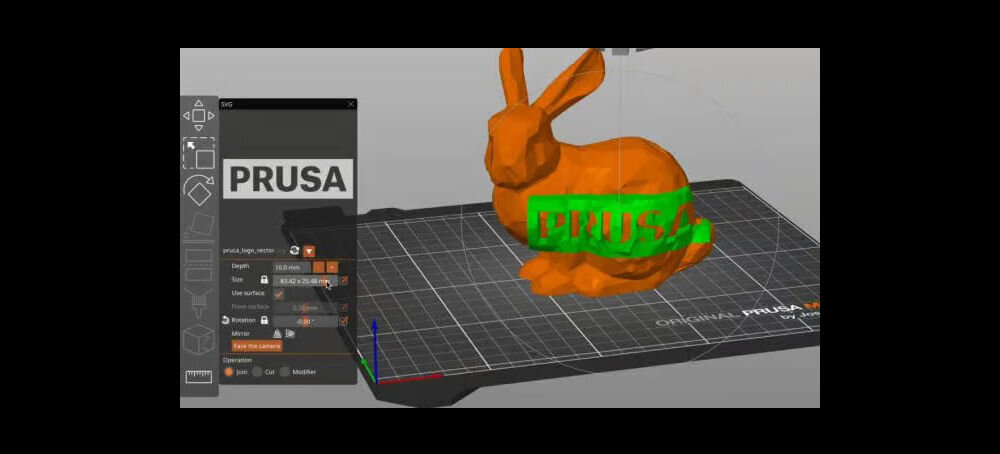 Drukarka 3D PRUSA XL Wi-Fi, LAN (5 Głowic) Interfejs programu do przygotowywania druku z modelem królika i logotypem PrusaSlicer, profile materiałowe, łatwe przygotowanie druku