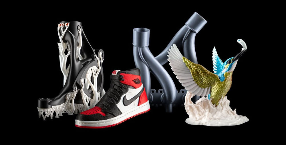 Drukarka 3D PRUSA XL Wi-Fi, LAN (1 Głowica) wydrukowane rzeczy na czarnym tle materiał podporowy, łatwe usuwanie, czysta powierzchnia