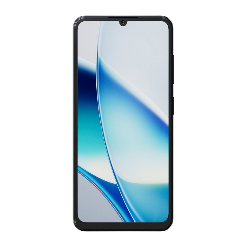 Smartfon z dużym ekranem dotykowym, na którym widoczna jest abstrakcyjna grafika w odcieniach niebieskiego i białego. Obudowa urządzenia jest czarna.
