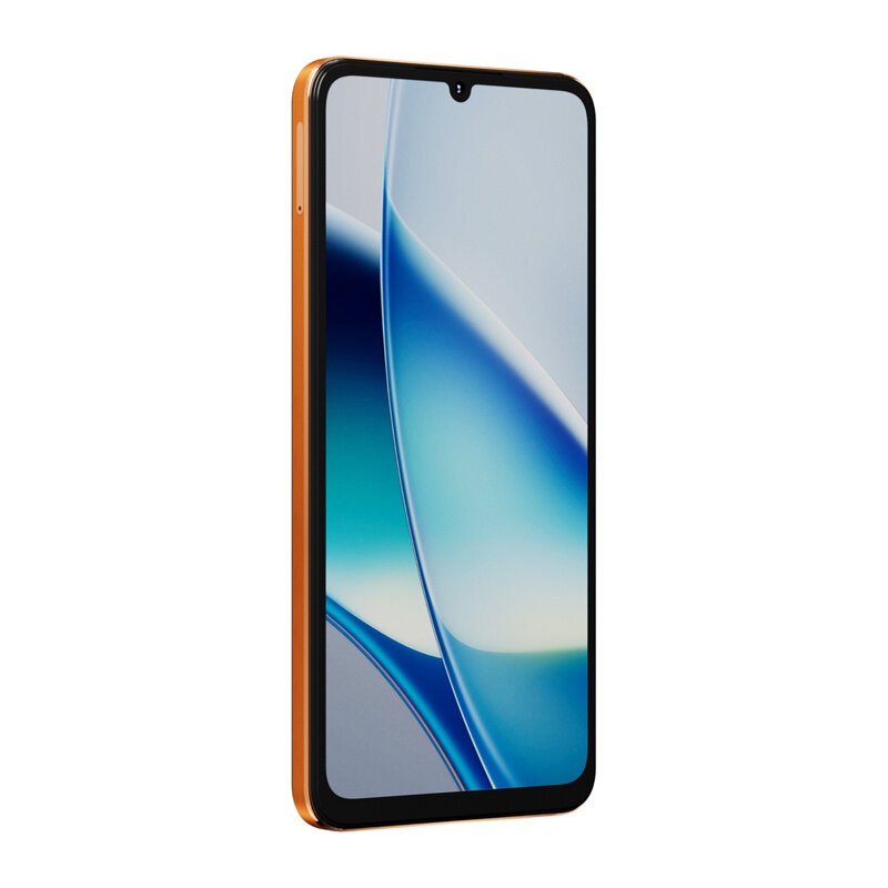 Smartfon z pomarańczową obudową i dużym ekranem, na którym widoczna jest abstrakcyjna grafika w odcieniach niebieskiego i białego.