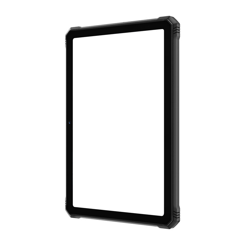 Obraz przedstawia tablet z czarną ramką i zaokrąglonymi narożnikami. Ekran jest wyłączony, a tło jest białe.