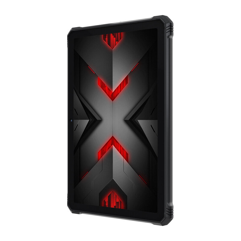 Tablet z czarną obudową i ekranem wyświetlającym futurystyczny wzór z czerwonymi akcentami.