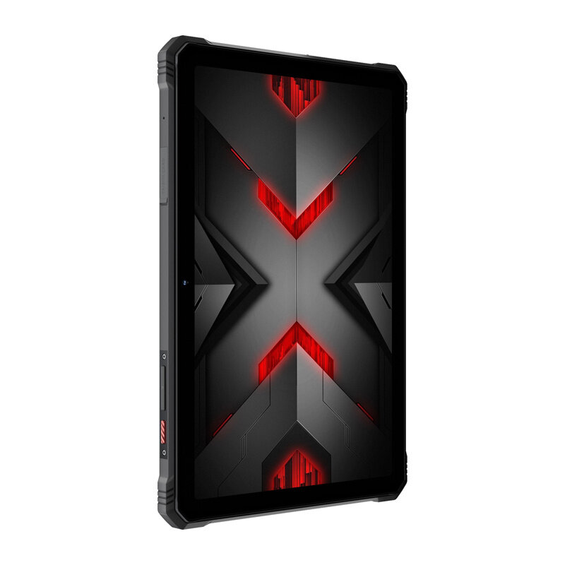 Tablet z czarną obudową i ekranem wyświetlającym futurystyczny wzór z czerwonymi akcentami. Na bocznej krawędzi widoczne są przyciski i porty.