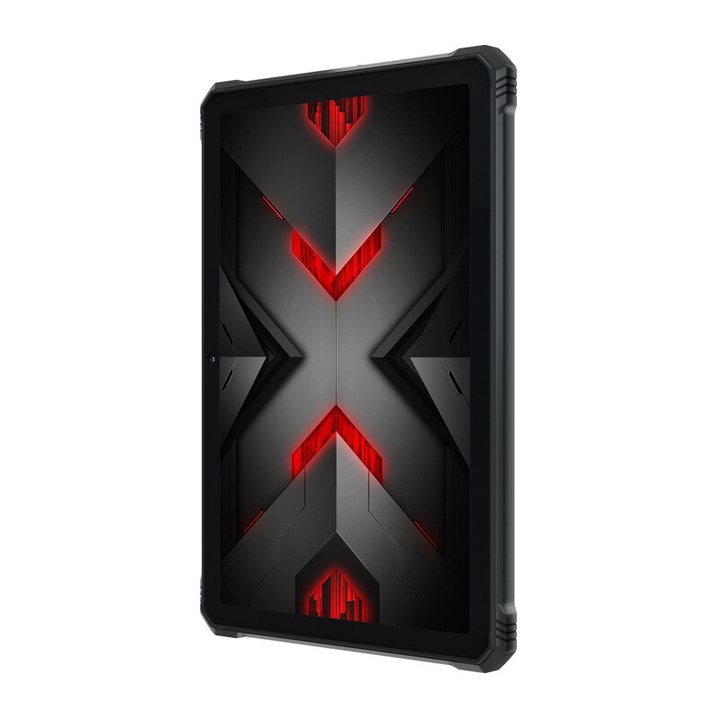 Czarny tablet z wyświetlaczem przedstawiającym abstrakcyjny wzór w kształcie litery X z czerwonymi akcentami. Obudowa ma solidny wygląd z wyraźnymi krawędziami.