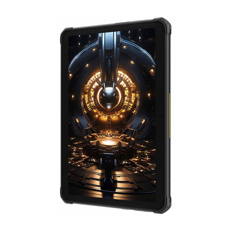 Tablet z wyświetlaczem prezentującym futurystyczną grafikę z jasnymi, złotymi elementami na ciemnym tle. Obudowa tabletu jest w kolorze pomarańczowym.