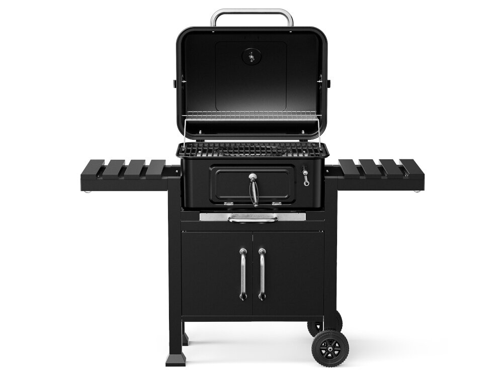 Grill węglowy KOLER Ember CH2 grill z otwartą pokrywą i z rozłożonymi półkami widoczny od przodu korpus z modularnym rusztem żeliwnym dodatkowy ruszt do przygotowywania kiełbasy skrzydełek karkówki burgerów ryb zup polewki