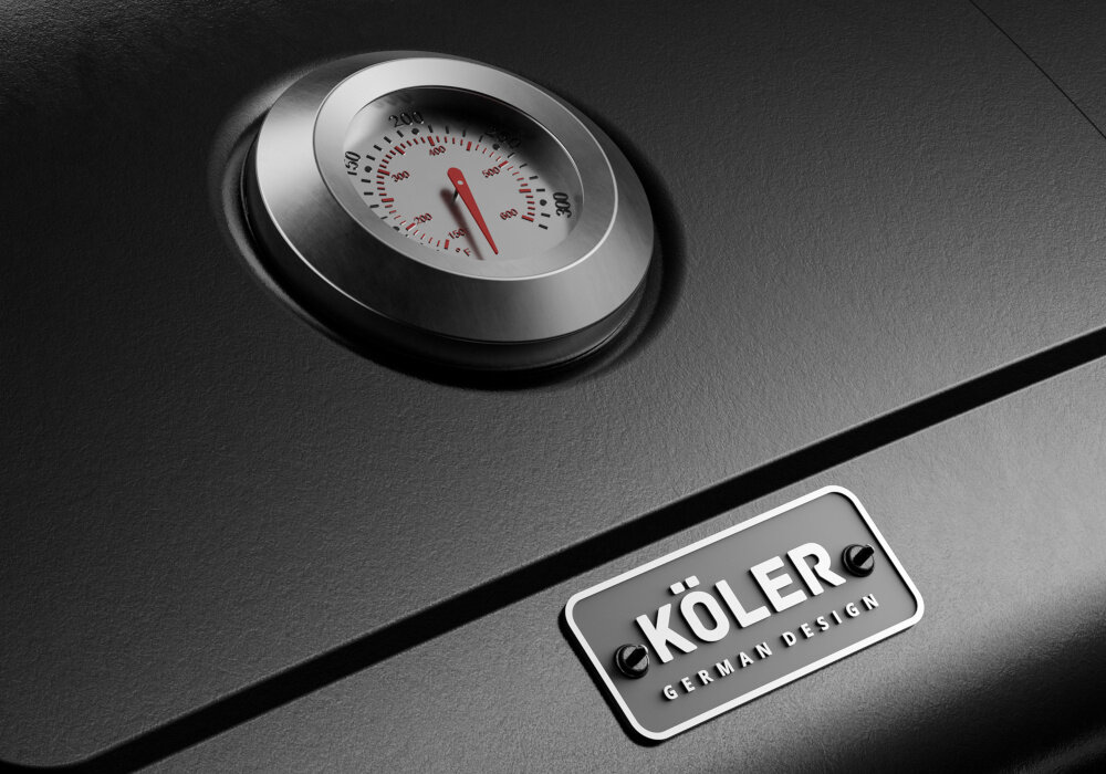 Grill węglowy KOLER Ember CH2 zbliżenie na termometr regulacja kosza z węglem pokrętło przybliżyć lub oddalić pojemnik z żarem odpowiednia temperatura wbudowany termometr