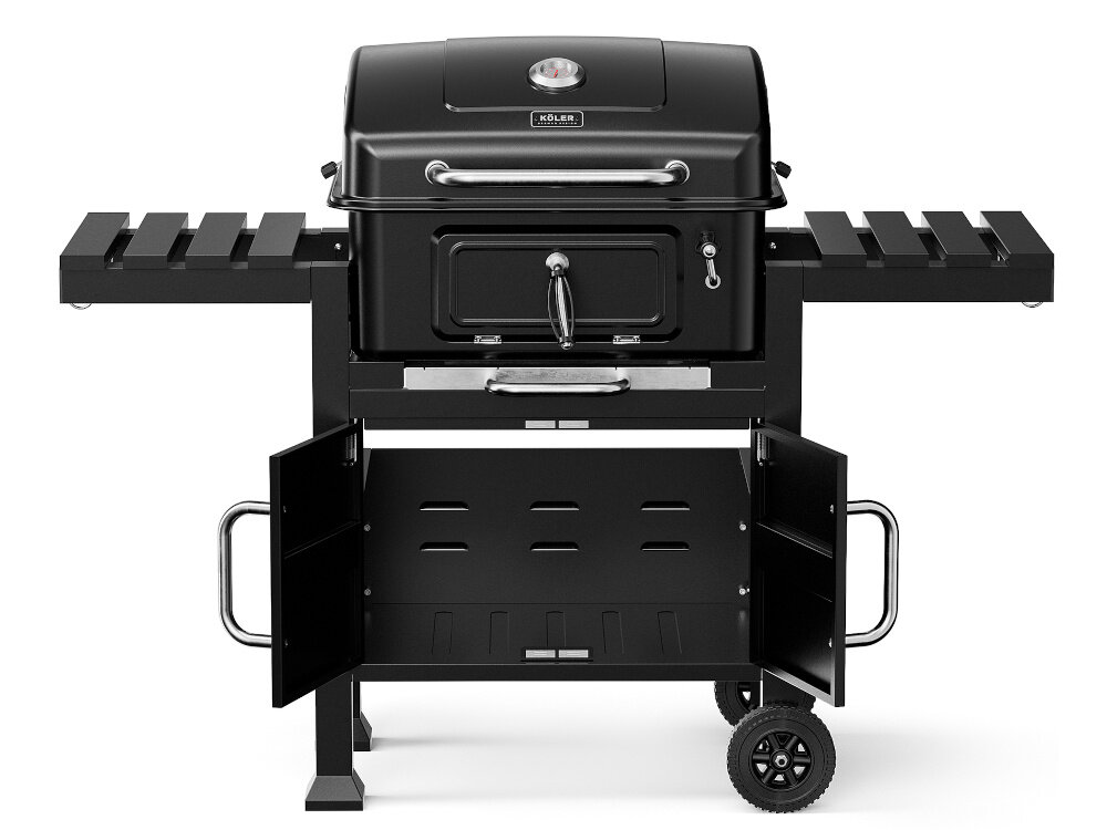 Grill węglowy KOLER Ember CH2 grill na białym tle z zamkniętą pokrywą widoczny od przodu rozłożone półki otwarte drzwiczki przestronne drzwiczki stalowa taca półka cargo przestronna otwarta ze wszystkich stron
