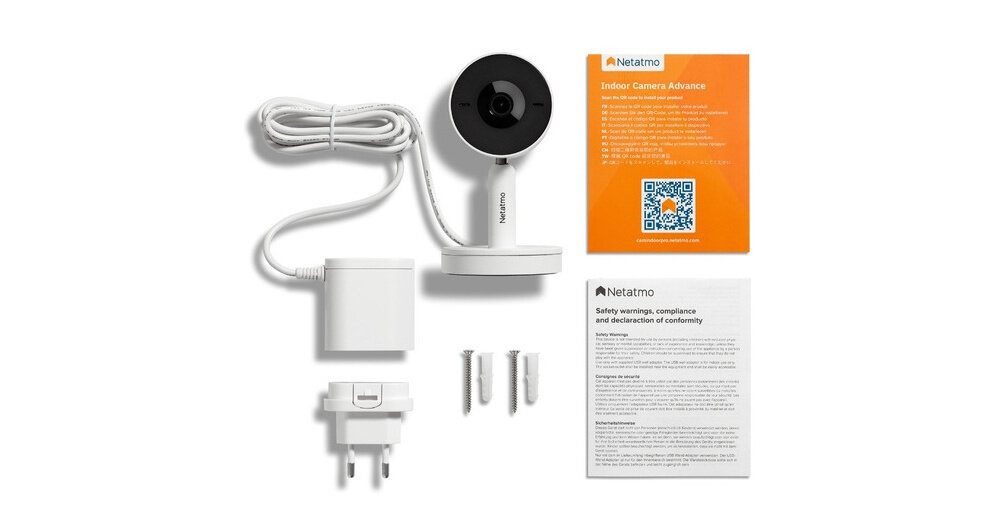 Kamera NETATMO Advance Wewnętrzna, Wi-Fi Biały zestaw na białym tle w zestawie kamera karta pamięci adapter sieciowy zestaw montażowy dokumentacja
