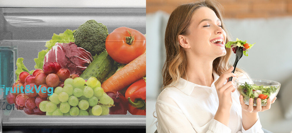 LODÓWKA SHARP SJ-NFA35IHDAD-EU wizualizacja szyflada warzywa owoce winogrono brokuł marchew sałata kobieta z sałatką widelcem w dłoniach przechowywanie warzyw i owoców organizacja przestrzeni szuflada regulacja wilgotności optymalne warunki chłodziarka izolacja temperatura ochrona produktów dłuższe przechowywanie zachowanie świeżości chrupkość smak witaminy