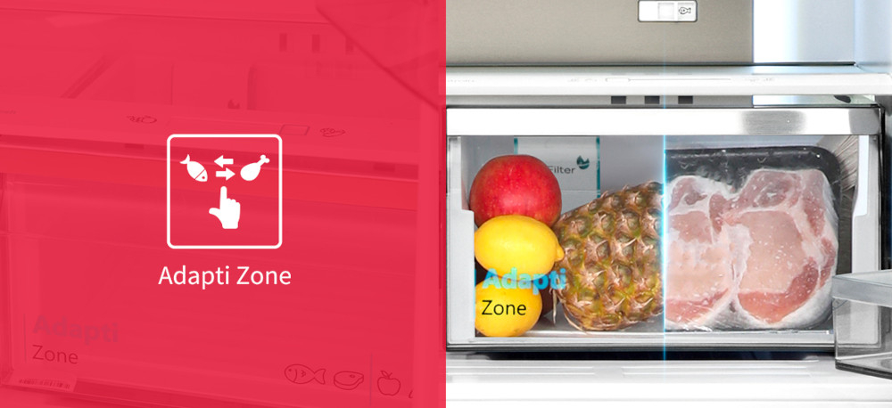 LODÓWKA SHARP SJ-NFA35IHDAD-EU wizualizacja ikona czerwone tło szuflada dwie części warzywa owoce mięso ryby dopasowanie przestrzeni komfort przechowywanie warzyw i owoców mięsa i ryb szuflada AdaptiZone regulacja ustawień izolacja od temperatury ochrona produktów zmiana ustawień łatwe przechowywanie świeże produkty stabilna temperatura