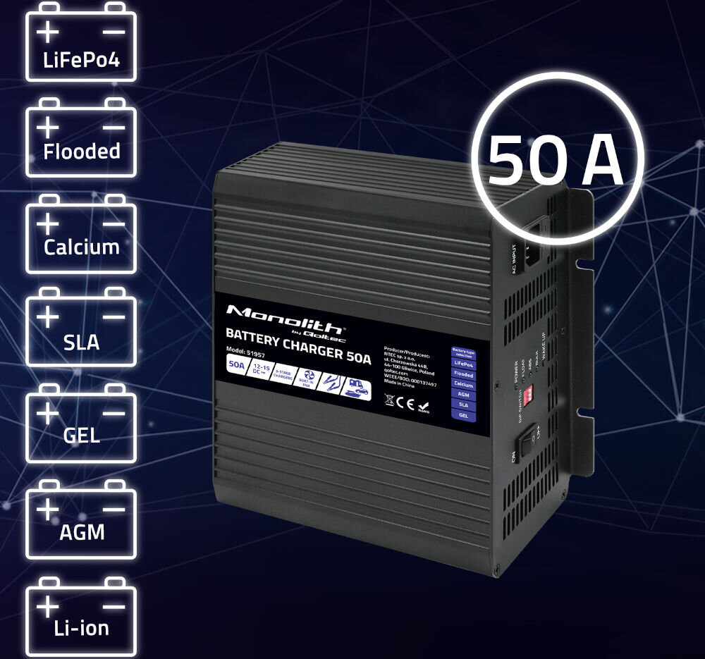 Obraz przedstawia czarną ładowarkę z napisem \'Monolith by Qoltec BATTERY CHARGER 50A\'. Po lewej stronie widoczne są ikony różnych typów akumulatorów, takich jak LiFePo4, Flooded, Calcium, SLA, GEL, AGM, Li-ion, a w prawym górnym rogu znajduje się oznaczenie \'50 A\'.