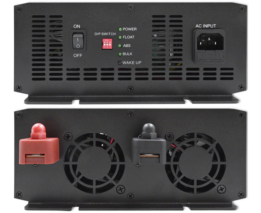 Obraz przedstawia dwie części urządzenia elektronicznego. Na górnej części widoczne są przełączniki, diody z oznaczeniami \'POWER\', \'FLOAT\', \'ABS\', \'BULK\', \'WAKE UP\' oraz gniazdo \'AC INPUT\'.