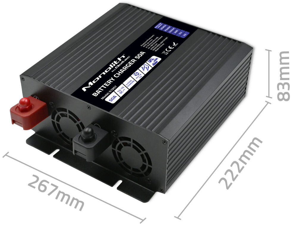 Czarna ładowarka z oznaczeniem \'Monolith BATTERY CHARGER 50A\' oraz wymiarami 267mm x 222mm x 83mm. Posiada dwa wentylatory i czerwony oraz czarny terminal.