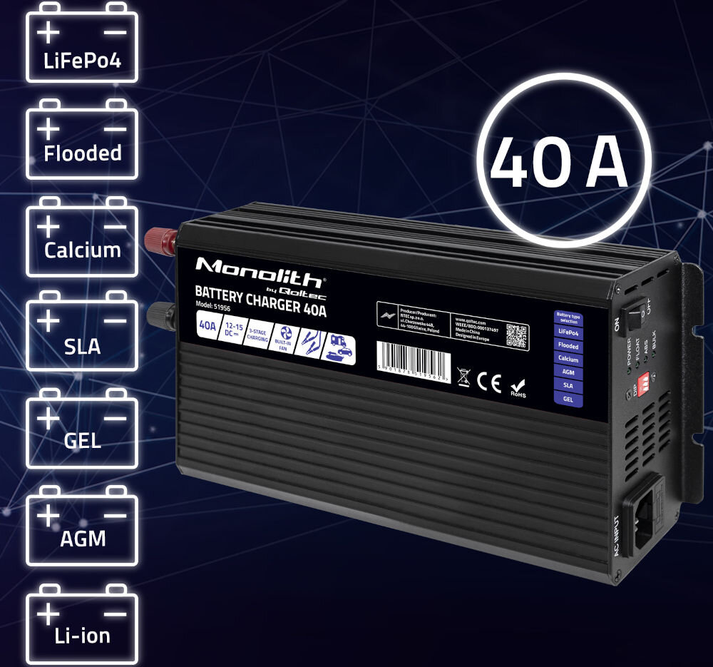 Inteligentna ładowarka QOLTEC Monolith 51956 do akumulatorów LIFEPO4 AGM GEL SLA 40A 12V , obsługa, zakup, ładowarki, oszczędność, na czarnym tle ładowarka wraz z logotypem 40A i rodzajem akumulatorów