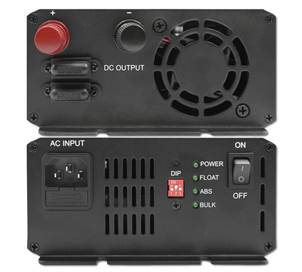 Inteligentna ładowarka QOLTEC Monolith 51956 do akumulatorów LIFEPO4 AGM GEL SLA 40A 12V , ingerencja, wygoda, dopasowanie, komfort, na białym tle ładowarka i pokazany przód i tył