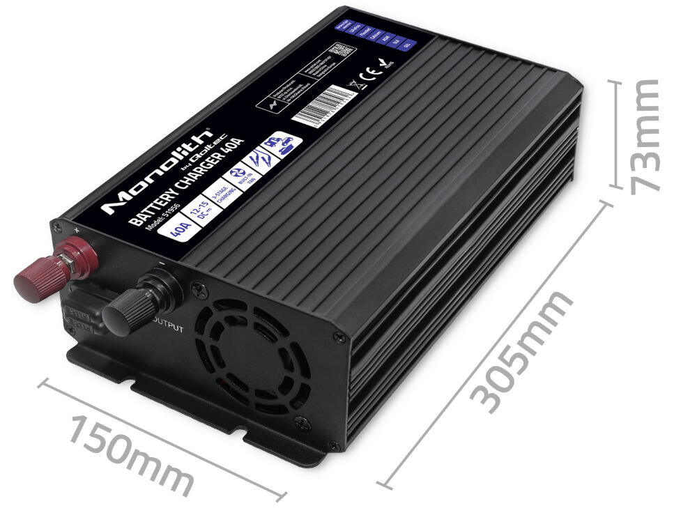 Inteligentna ładowarka QOLTEC Monolith 51956 do akumulatorów LIFEPO4 AGM GEL SLA 40A 12V , energia, przekładanie, korzyść, przygotowanie, na białym tle akumulator wraz z jej wymiarami