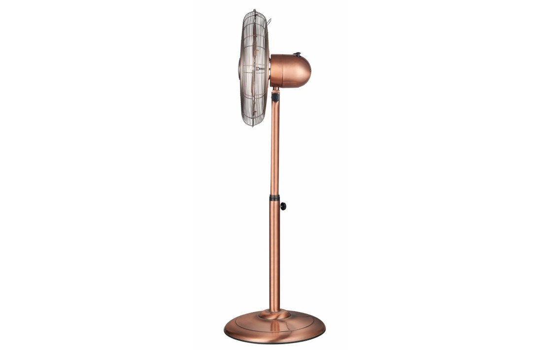 Wentylator KEPLAND Miedziany elegancki wentylator stojący średnica 40 cm moc 50 Wmożliwość regulacji prędkości 3 poziomy funkcja oscylacji równomierne rozprowadzenie powietrza stylowa chromowana kolorystyka urok elegancja rózne pomieszczenia skuteczne chłodzenie estetyczny wygląd 