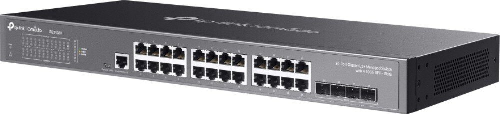 Switch TP-LINK Omada SG3428X Przełącznik sieciowy w obudowie Rack z widocznymi licznymi portami Ethernet i SFP+ widok z góry pod kątem, zabezpieczenia, funkcje