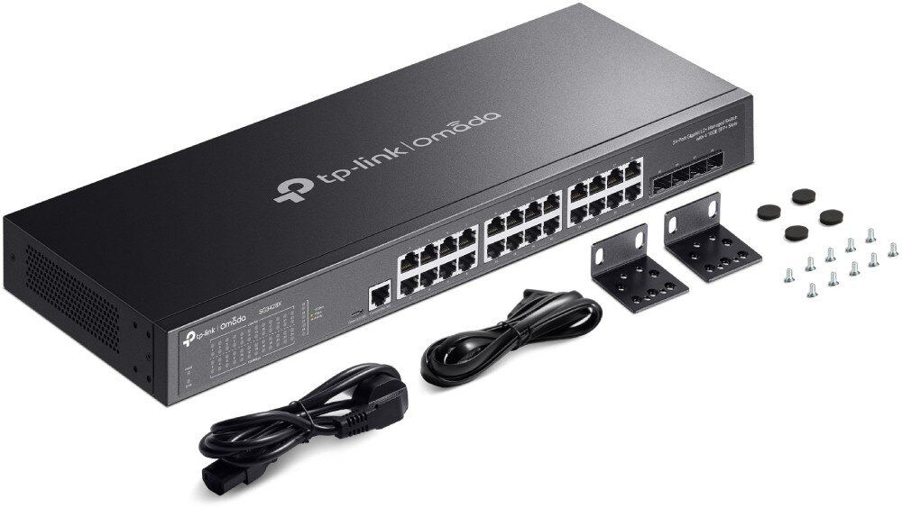 Switch TP-LINK Omada SG3428X Zdjęcie zestawu switcha wraz z akcesoriami montażowymi