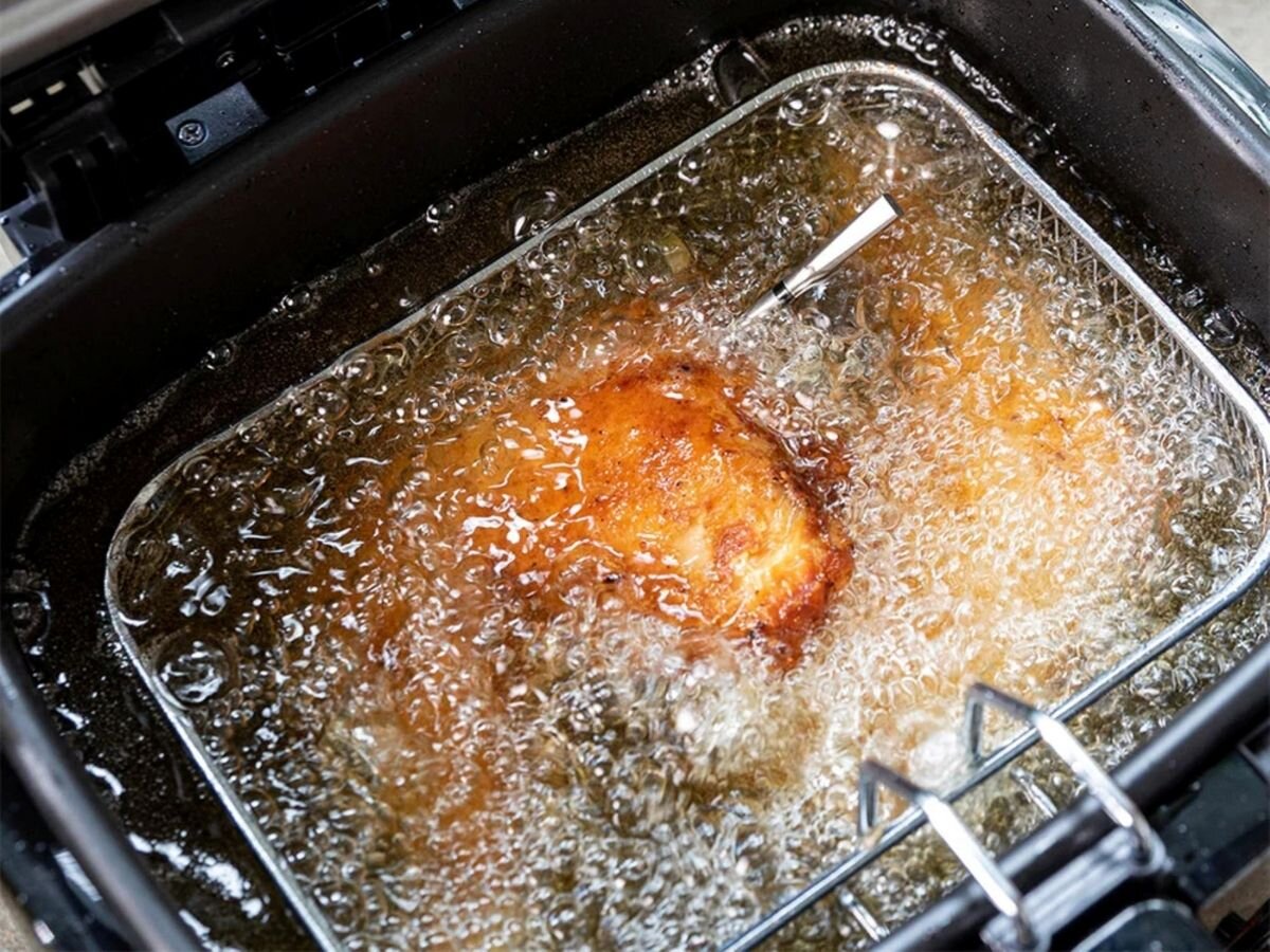 Termometr MEATER Pro, temperatura, grill, wędzarnia, odporność, Smażenie mięsa w głębokim tłuszczu z sondą MEATER.