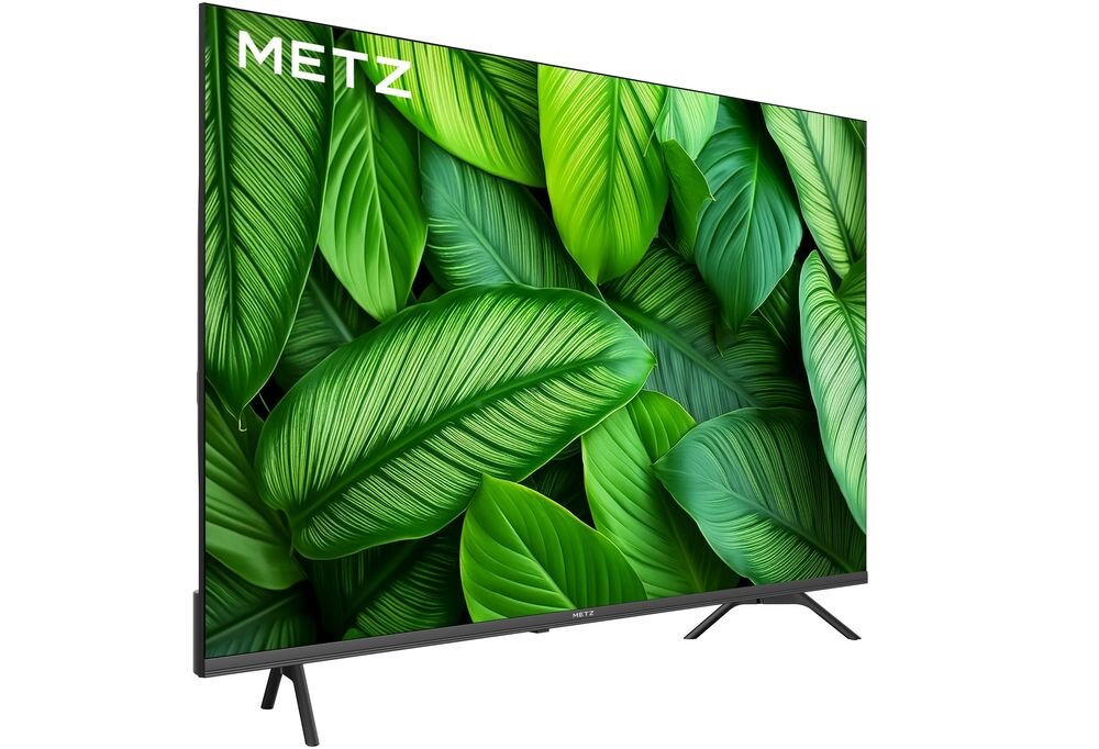 Telewizor METZ 55MUF7000Z Google TV 10000 aplikacji Smart Control screen cast filtry dla dzieci, telewizor po skosie na białym tle