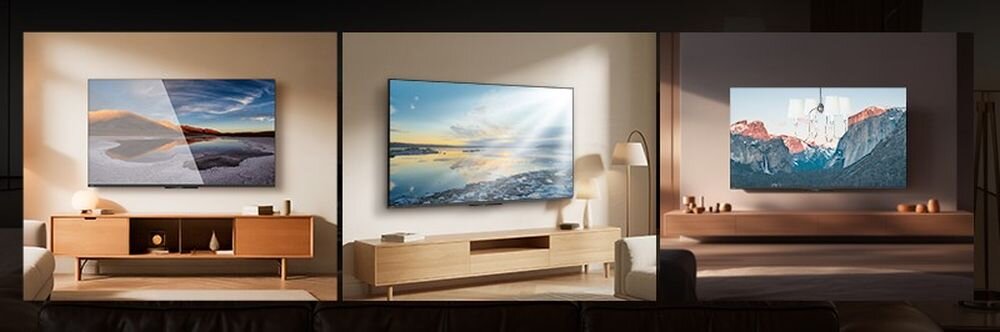 Telewizor METZ 55MNH7000Z oglądanie w jasnym pomieszczeniu redukcja refleksów komfortowy obraz w świetle dziennym, różne kadry zawieszonego telewizora w pomieszczeniu