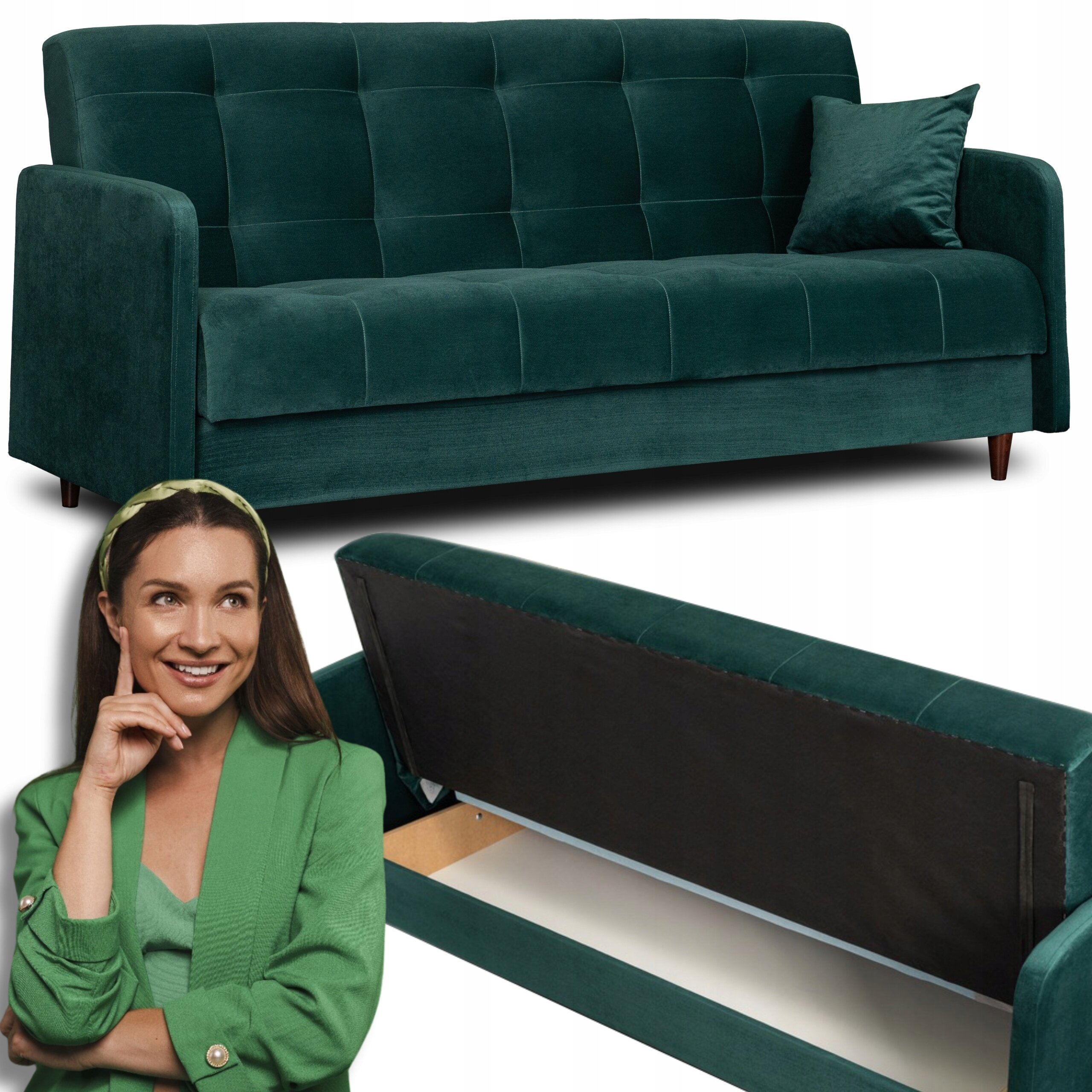 Zielona welurowa sofa z funkcją spania, z poduszką na siedzisku i rozkładanym schowkiem. Na obrazie widoczna jest również uśmiechnięta kobieta w zielonym ubraniu.
