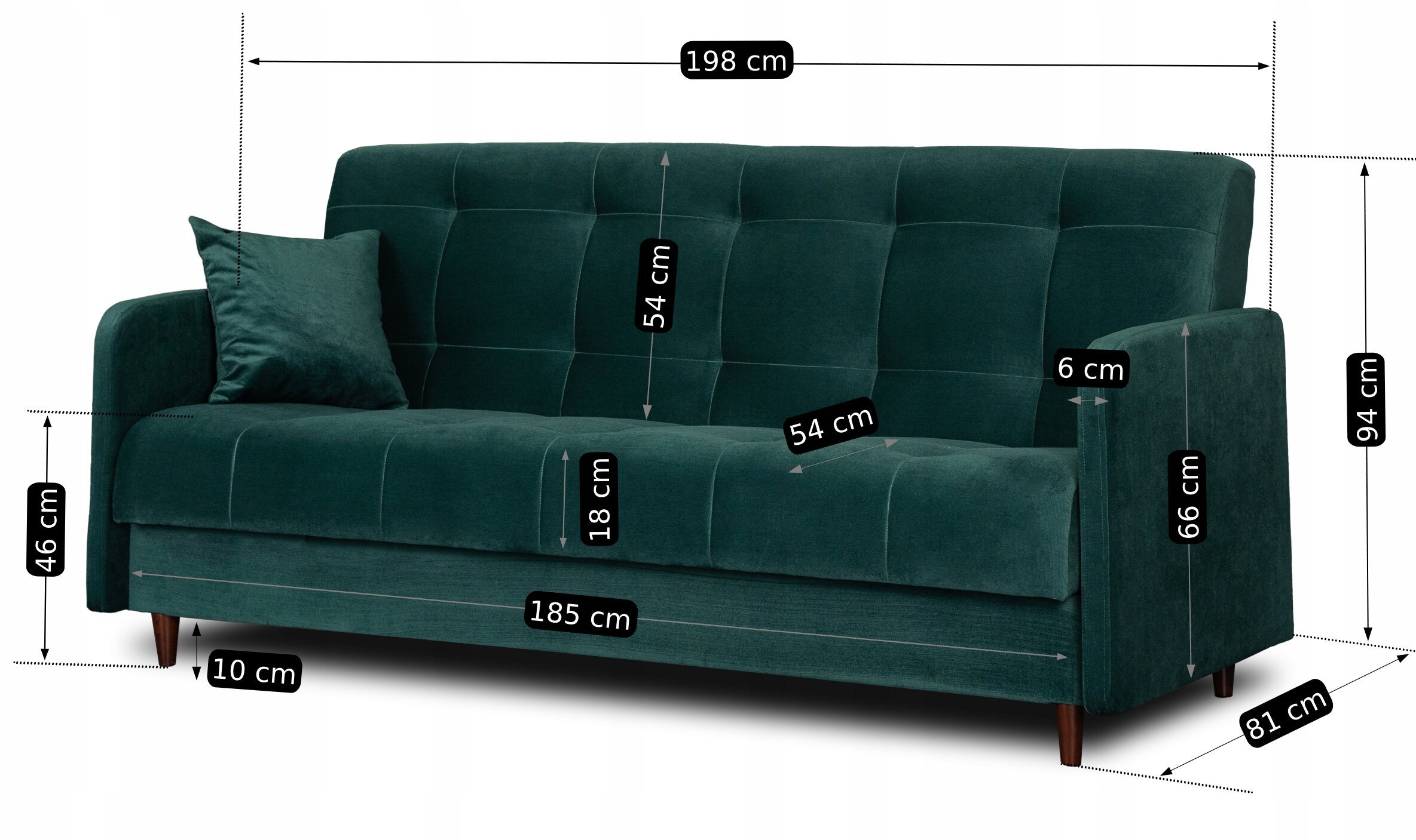 Zielona welurowa sofa z funkcją spania, z poduszką, o wymiarach: szerokość 198 cm, głębokość 81 cm, wysokość 94 cm. Sofa posiada drewniane nóżki i pikowane oparcie.