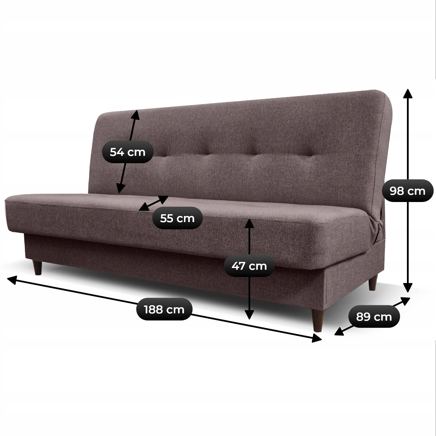 Brązowa sofa welurowa z funkcją spania, przedstawiona z wymiarami: 54 cm, 55 cm, 47 cm, 98 cm, 188 cm, 89 cm. Sofa ma prosty design z widocznymi nóżkami.