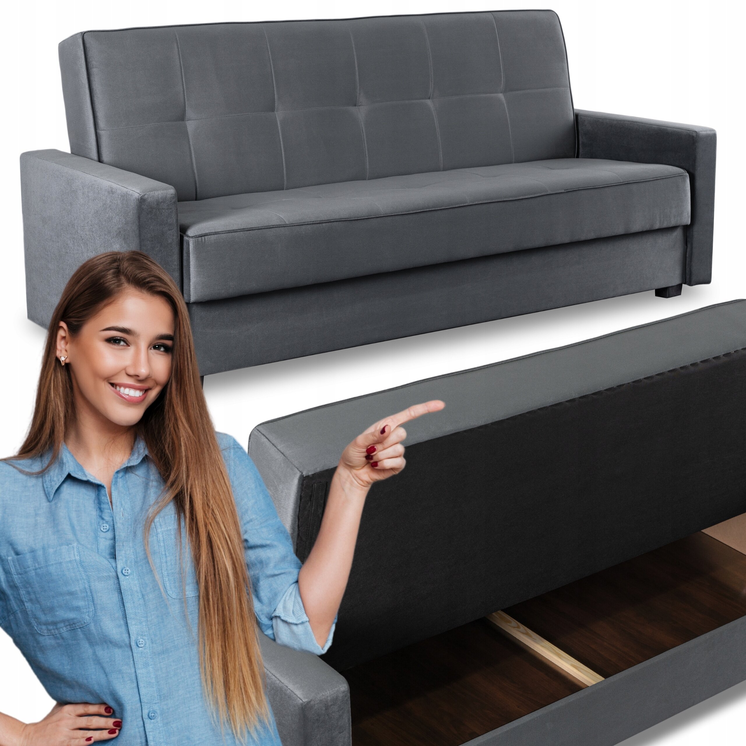 Szara sofa rozkładana z funkcją spania, z widocznym schowkiem na pościel. Obok sofy stoi osoba w niebieskiej koszuli, wskazująca na mebel.