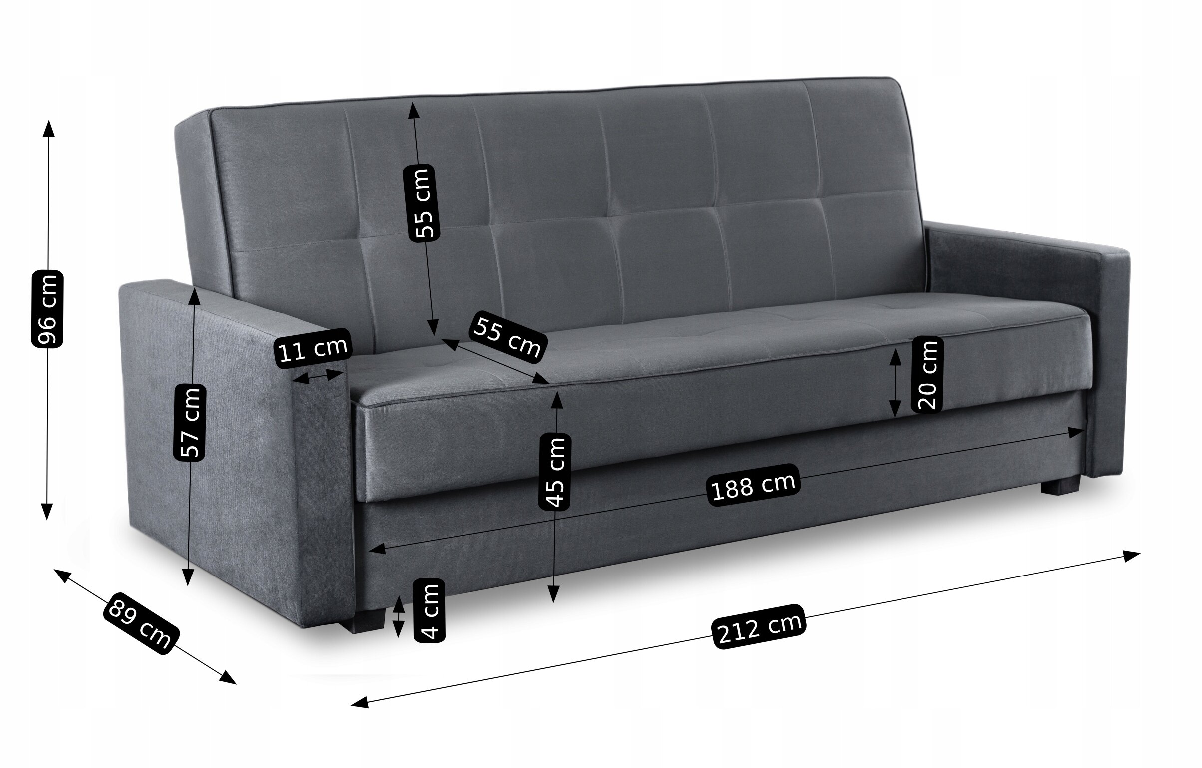 Szara sofa rozkładana z funkcją spania, z podanymi wymiarami: wysokość 96 cm, szerokość 212 cm, głębokość 89 cm. Na oparciu i siedzisku widoczne są dodatkowe wymiary: 55 cm, 57 cm, 11 cm, 45 cm, 20 cm, 188 cm, 4 cm.