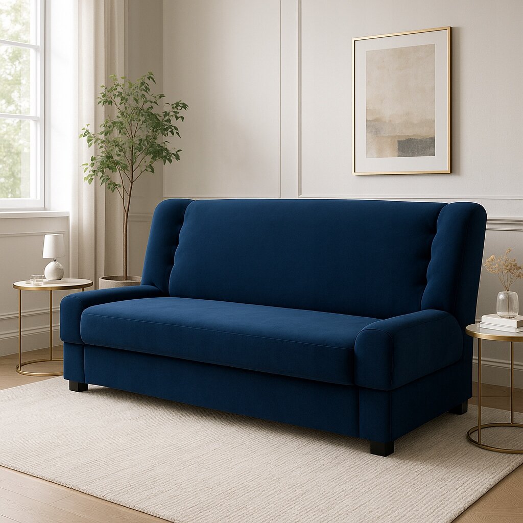 Granatowa sofa kanapa rozkładana z funkcją spania stoi w eleganckim, jasnym wnętrzu. Obok znajdują się dwa stoliki z lampką i dekoracjami, a na ścianie wisi obraz.