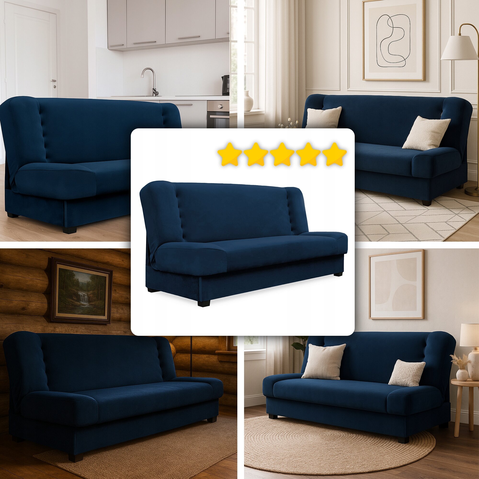 Na obrazie widoczna jest granatowa sofa kanapa rozkładana w różnych wnętrzach. W centralnej części znajduje się zdjęcie sofy z pięcioma żółtymi gwiazdkami nad nią.