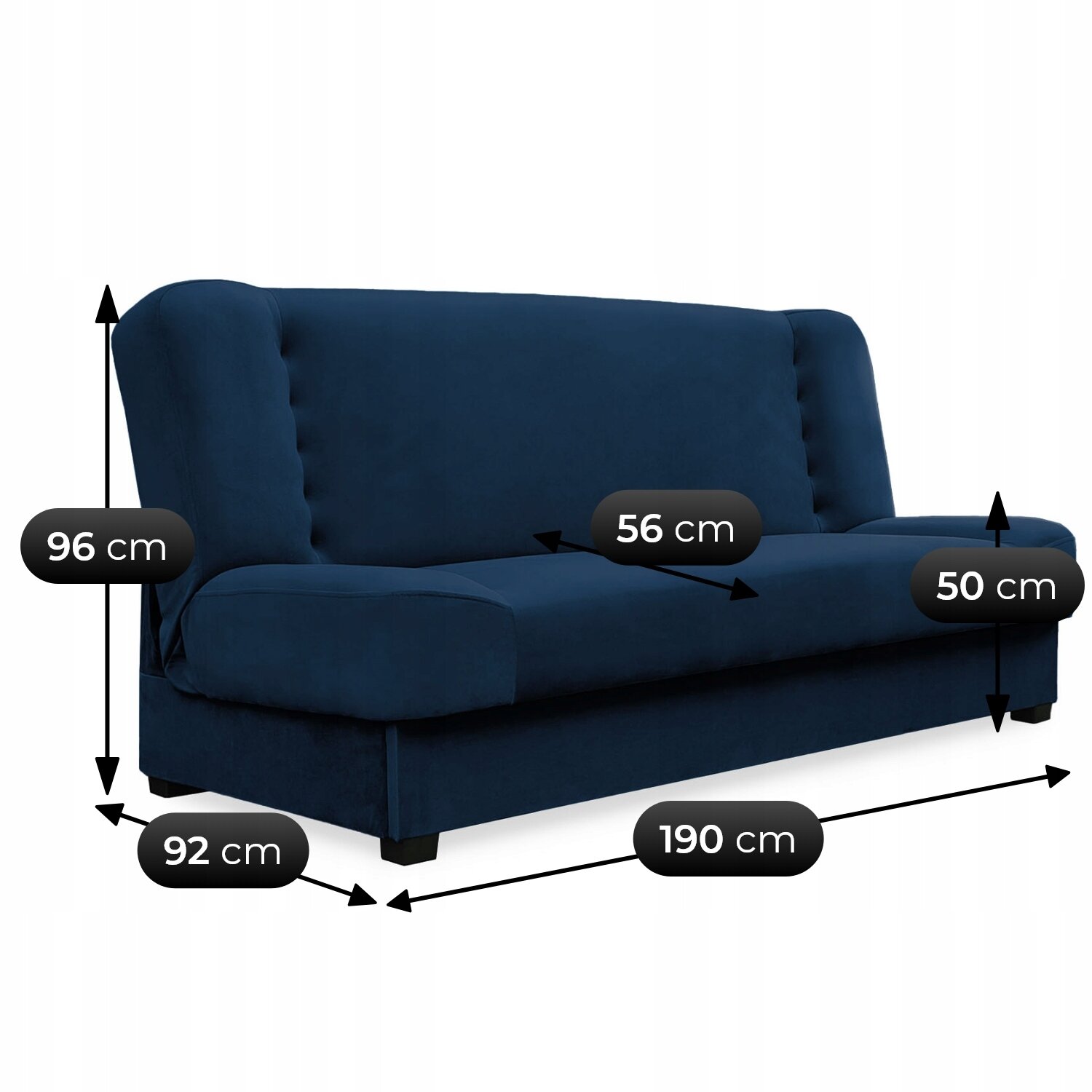 Granatowa sofa kanapa rozkładana z funkcją spania, z wymiarami: wysokość 96 cm, głębokość 92 cm, szerokość 190 cm, głębokość siedziska 56 cm, wysokość siedziska 50 cm.
