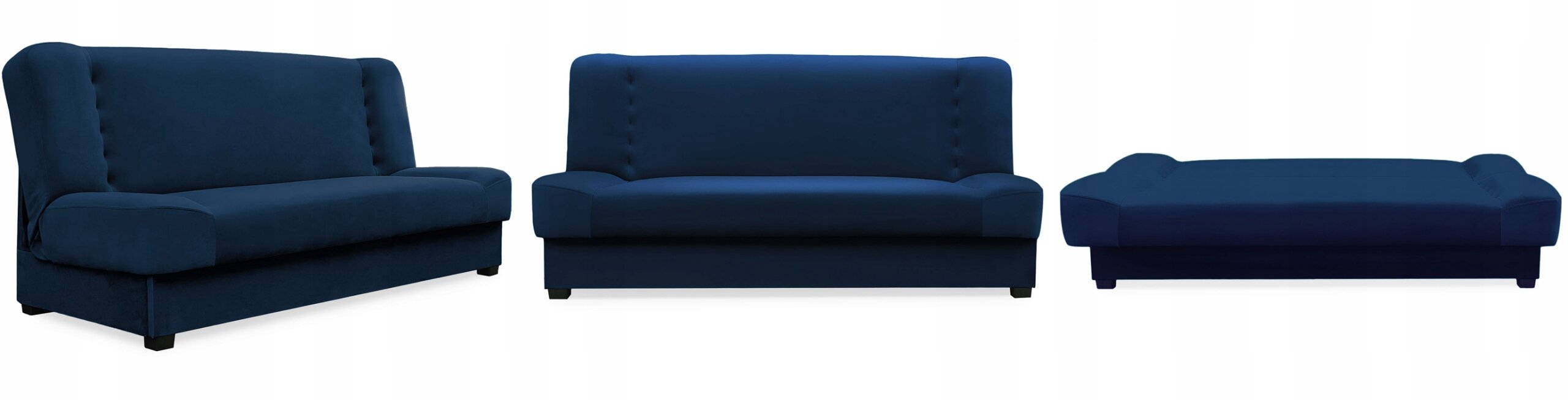 Trzy ujęcia granatowej, rozkładanej sofy dwuosobowej z funkcją spania. Sofa ma prosty design z zaokrąglonymi podłokietnikami i widocznymi guzikami na oparciu.