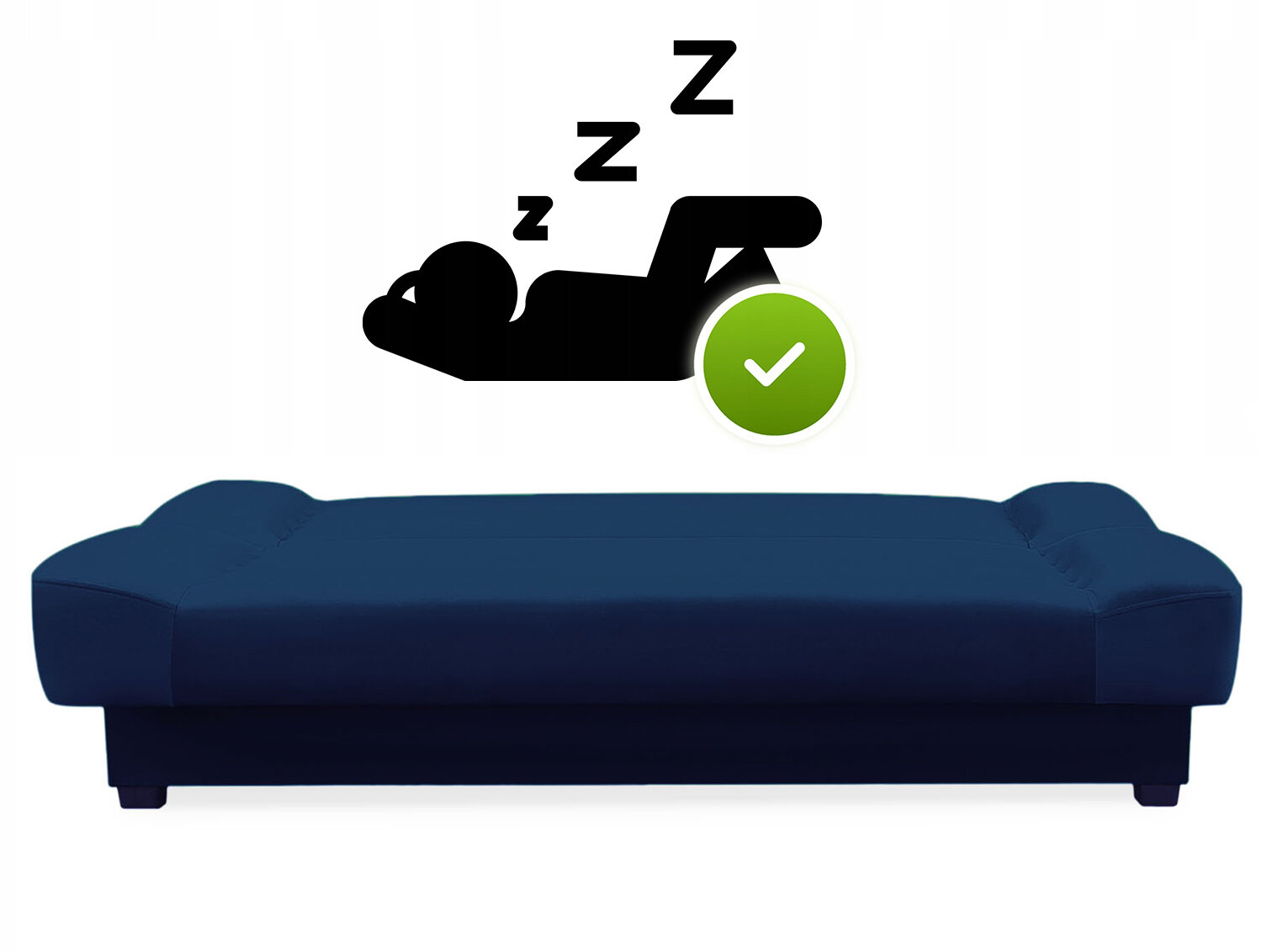 Granatowa sofa kanapa rozkładana z funkcją spania. Nad nią znajduje się grafika przedstawiająca leżącą postać z literami \'Z\' oraz zielonym okręgiem z białym haczykiem.