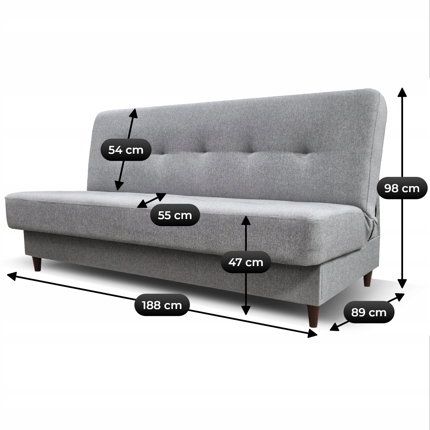 Szara sofa z funkcją spania, z widocznymi wymiarami: 54 cm, 55 cm, 47 cm, 98 cm, 188 cm, 89 cm.