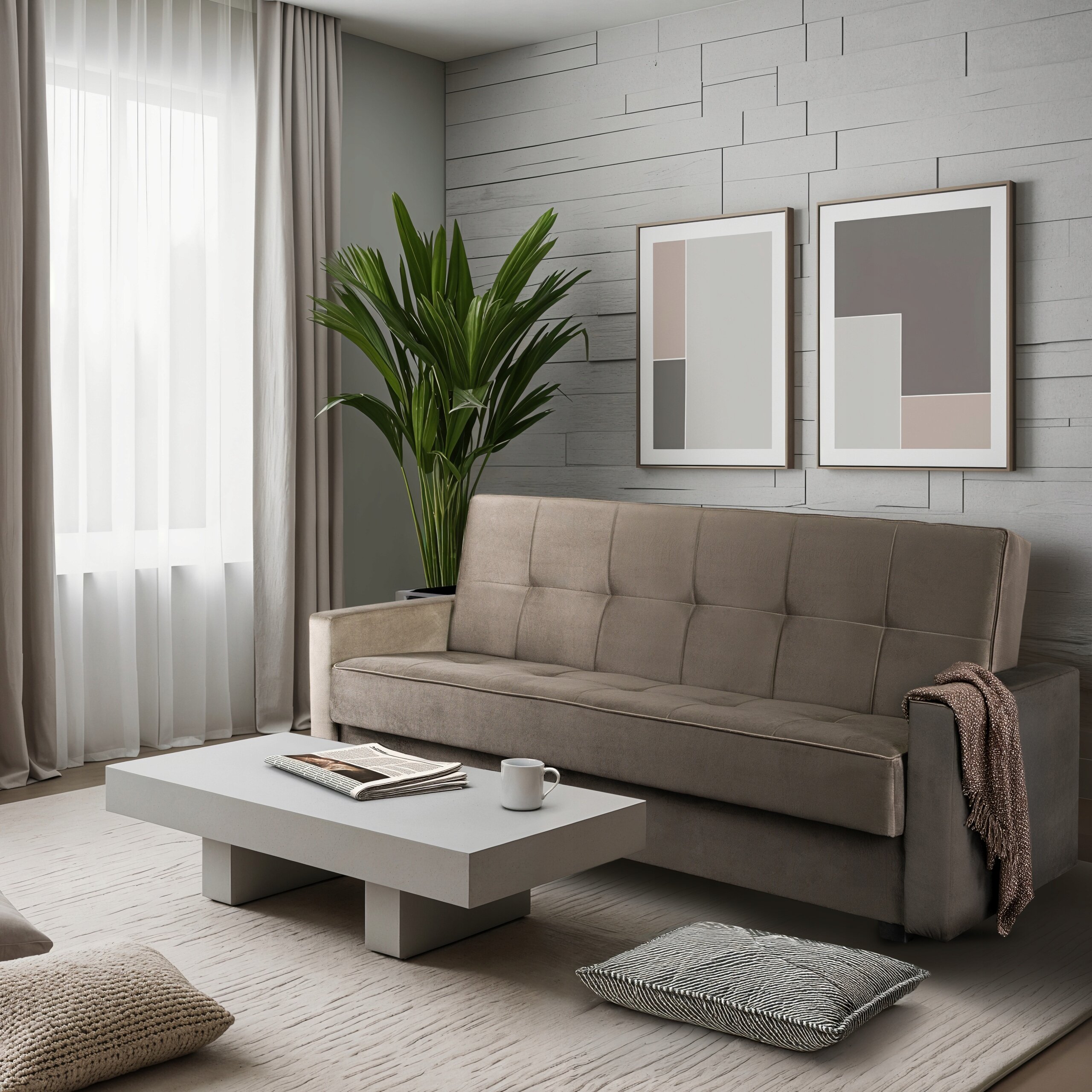 Beżowa sofa rozkładana z funkcją spania stoi w nowoczesnym salonie z szarymi ścianami i dwoma abstrakcyjnymi obrazami. Przed sofą znajduje się niski stolik z książką i filiżanką, a obok leży poduszka dekoracyjna.
