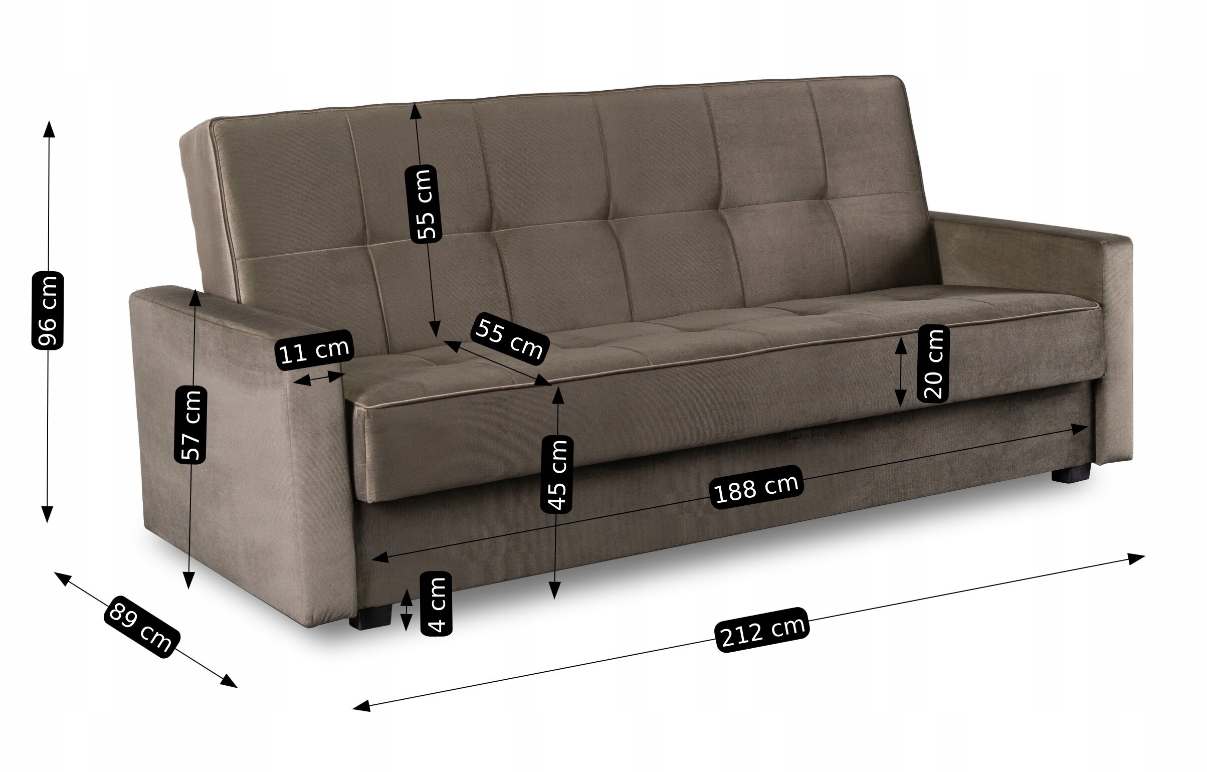 Beżowa sofa rozkładana z funkcją spania, z wymiarami: wysokość 96 cm, głębokość 89 cm, szerokość 212 cm, wysokość siedziska 45 cm, głębokość siedziska 55 cm, wysokość oparcia 55 cm, wysokość podłokietnika 57 cm, grubość podłokietnika 11 cm, wysokość nóżek 4 cm, długość powierzchni spania 188 cm, wysokość siedziska 20 cm.