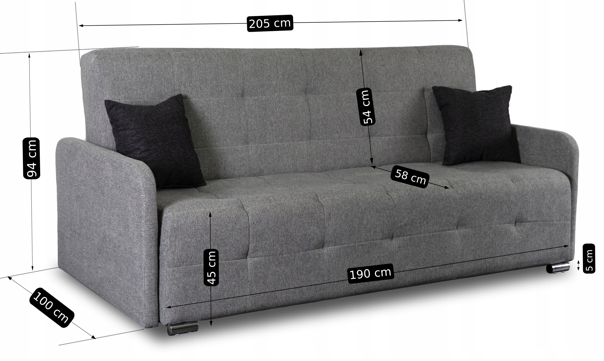 Szara, rozkładana sofa z funkcją spania, z dwoma ciemnymi poduszkami. Na obrazie widoczne są wymiary: 205 cm szerokości, 94 cm wysokości, 100 cm głębokości, 54 cm wysokości oparcia, 58 cm głębokości siedziska, 45 cm wysokości siedziska, 190 cm długości siedziska, 5 cm wysokości nóżek.