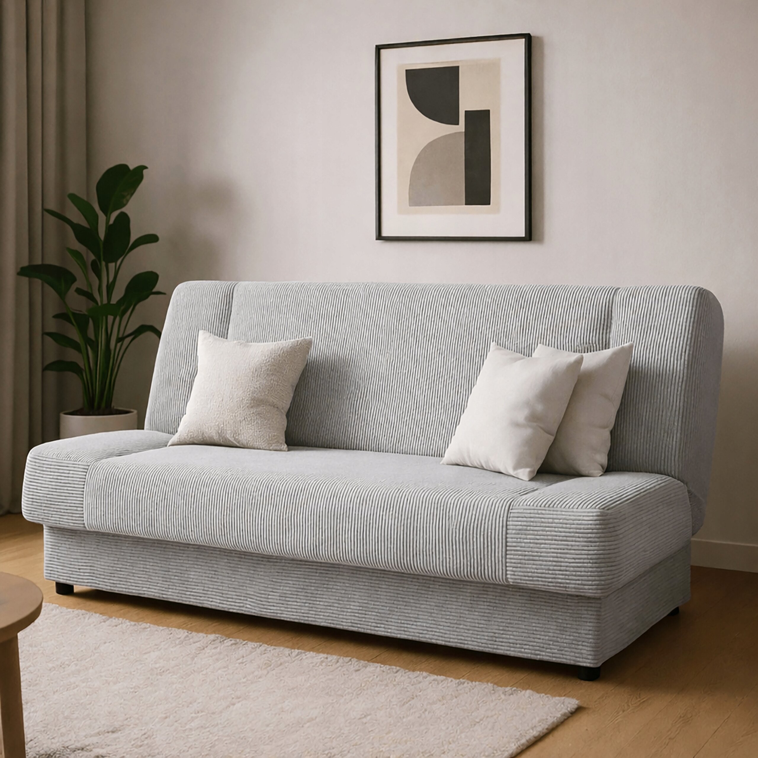 Szara, sztruksowa sofa z funkcją spania, na której znajdują się dwie poduszki. W tle widać roślinę doniczkową i abstrakcyjny obraz na ścianie.