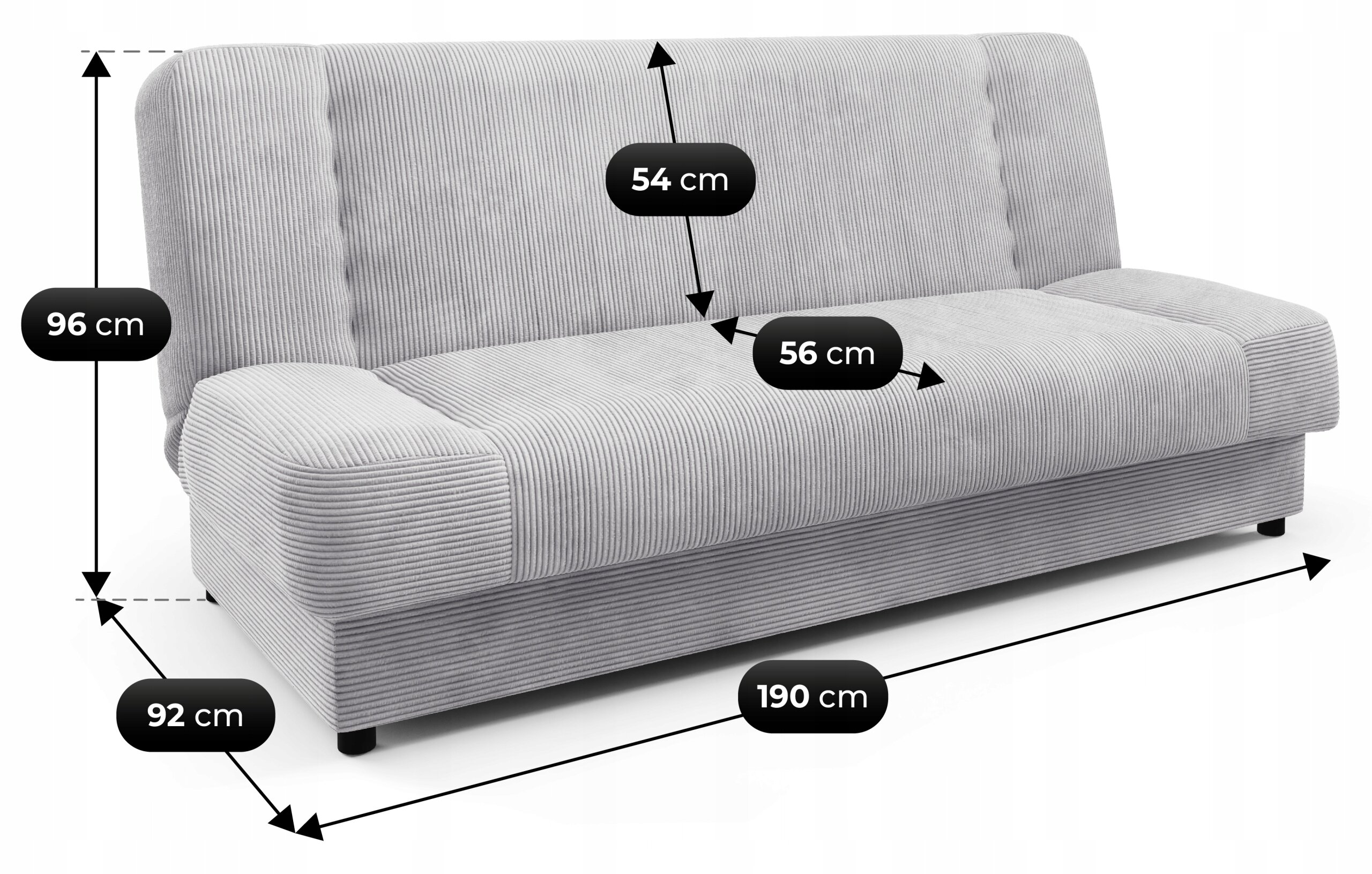 Szara wersalka rozkładana z funkcją spania, wykonana z sztruksu, z wymiarami: wysokość 96 cm, głębokość 92 cm, szerokość 190 cm, wysokość oparcia 54 cm, głębokość siedziska 56 cm.