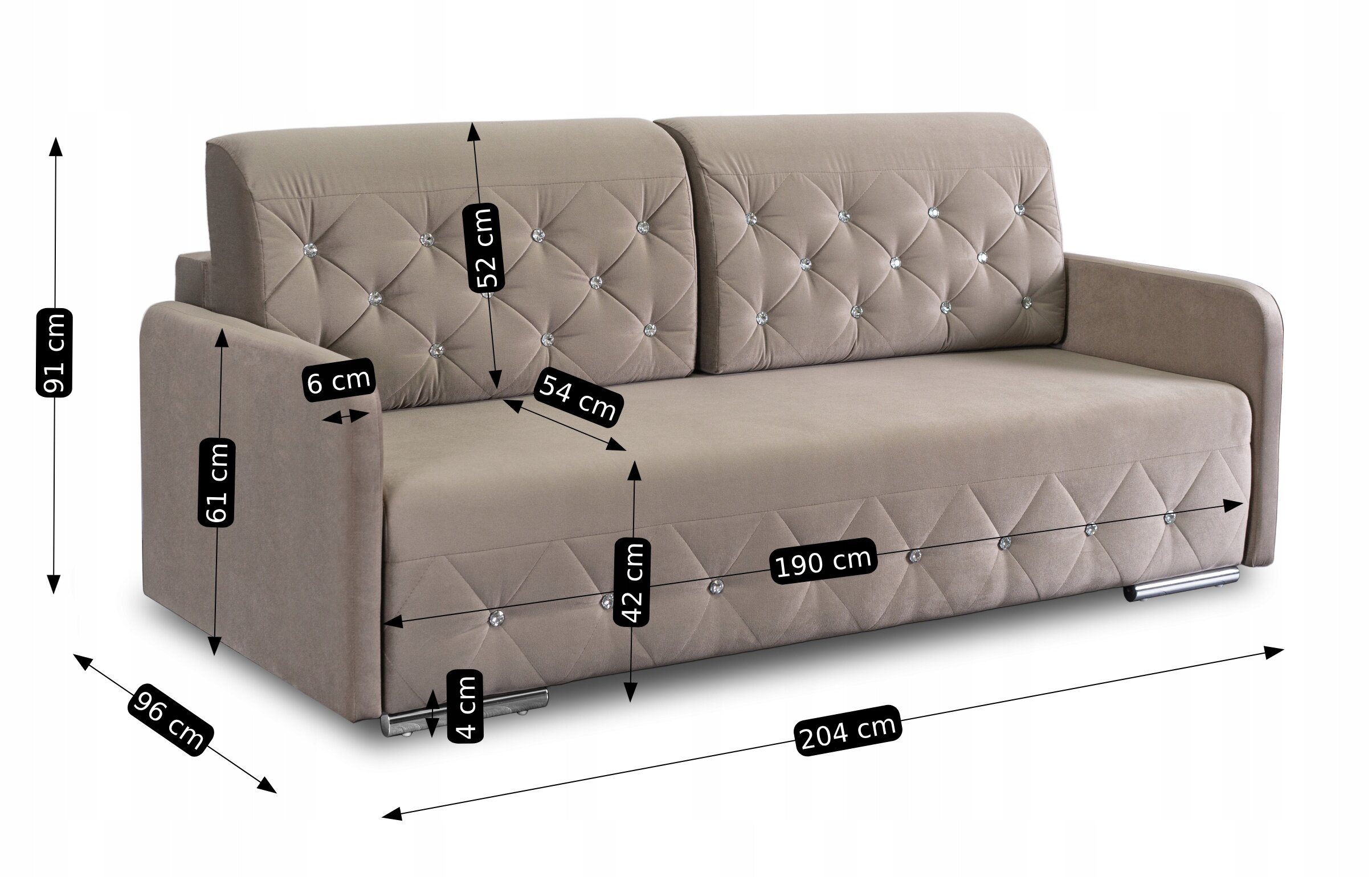 Beżowa sofa rozkładana z funkcją spania, ozdobiona pikowaniami i kryształkami, z wymiarami: wysokość 91 cm, szerokość 204 cm, głębokość 96 cm, wysokość siedziska 42 cm, głębokość siedziska 54 cm, wysokość oparcia 52 cm, szerokość podłokietnika 6 cm, długość powierzchni spania 190 cm. Sofa posiada metalowe nóżki i jest przedstawiona na białym tle z zaznaczonymi wymiarami.