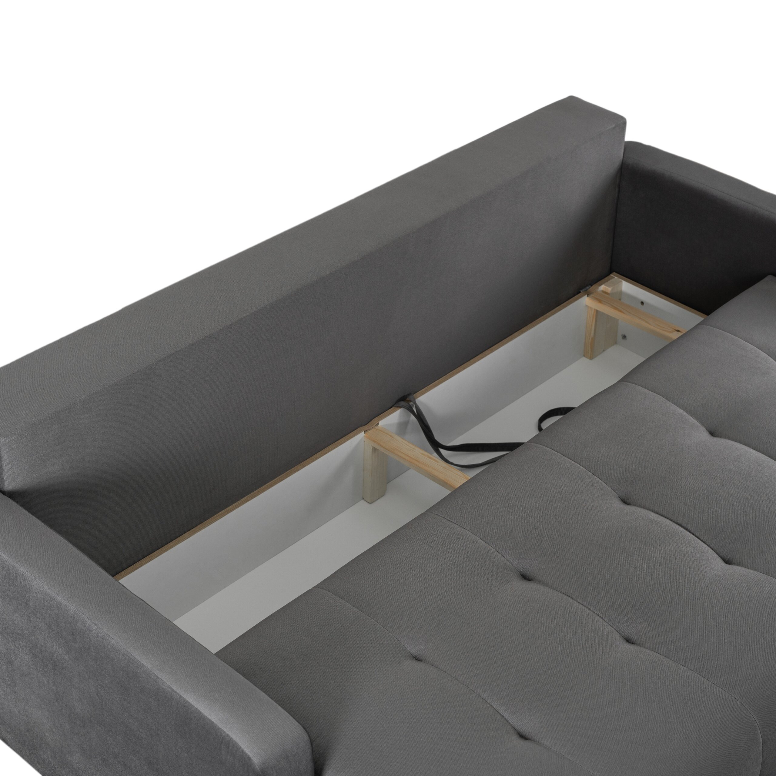 Szara sofa rozkładana z funkcją spania, widoczna w pozycji rozłożonej z drewnianymi elementami konstrukcyjnymi. Materiał obicia jest gładki, z delikatnym pikowaniem na powierzchni siedziska.