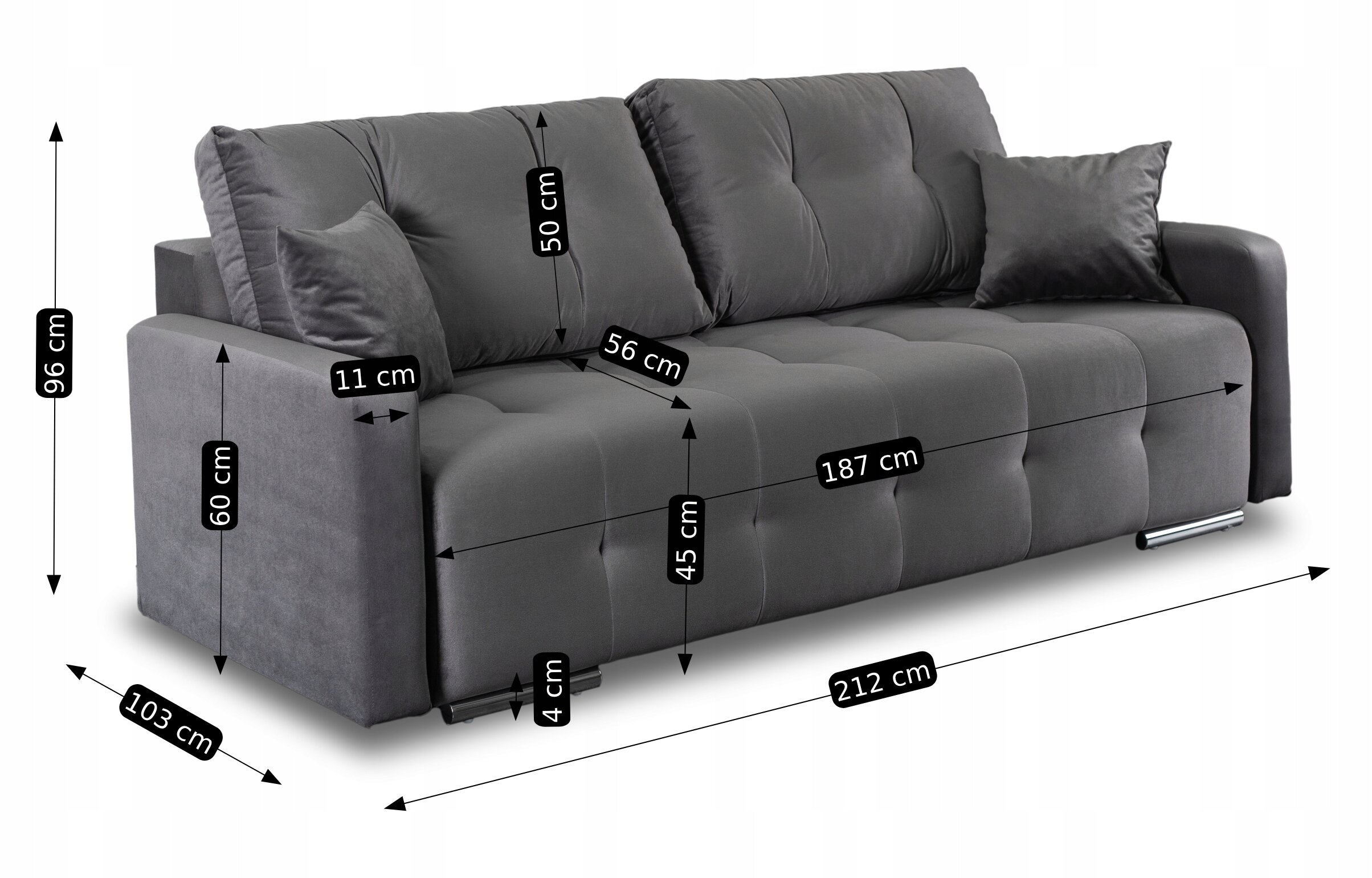 Szara sofa rozkładana z funkcją spania, z poduszkami i metalowymi nóżkami, z wymiarami: 96 cm wysokości, 103 cm głębokości, 212 cm szerokości, 60 cm wysokości oparcia, 50 cm wysokości poduszek, 56 cm głębokości siedziska, 45 cm wysokości siedziska, 187 cm szerokości siedziska, 11 cm szerokości podłokietnika, 4 cm wysokości nóżek.