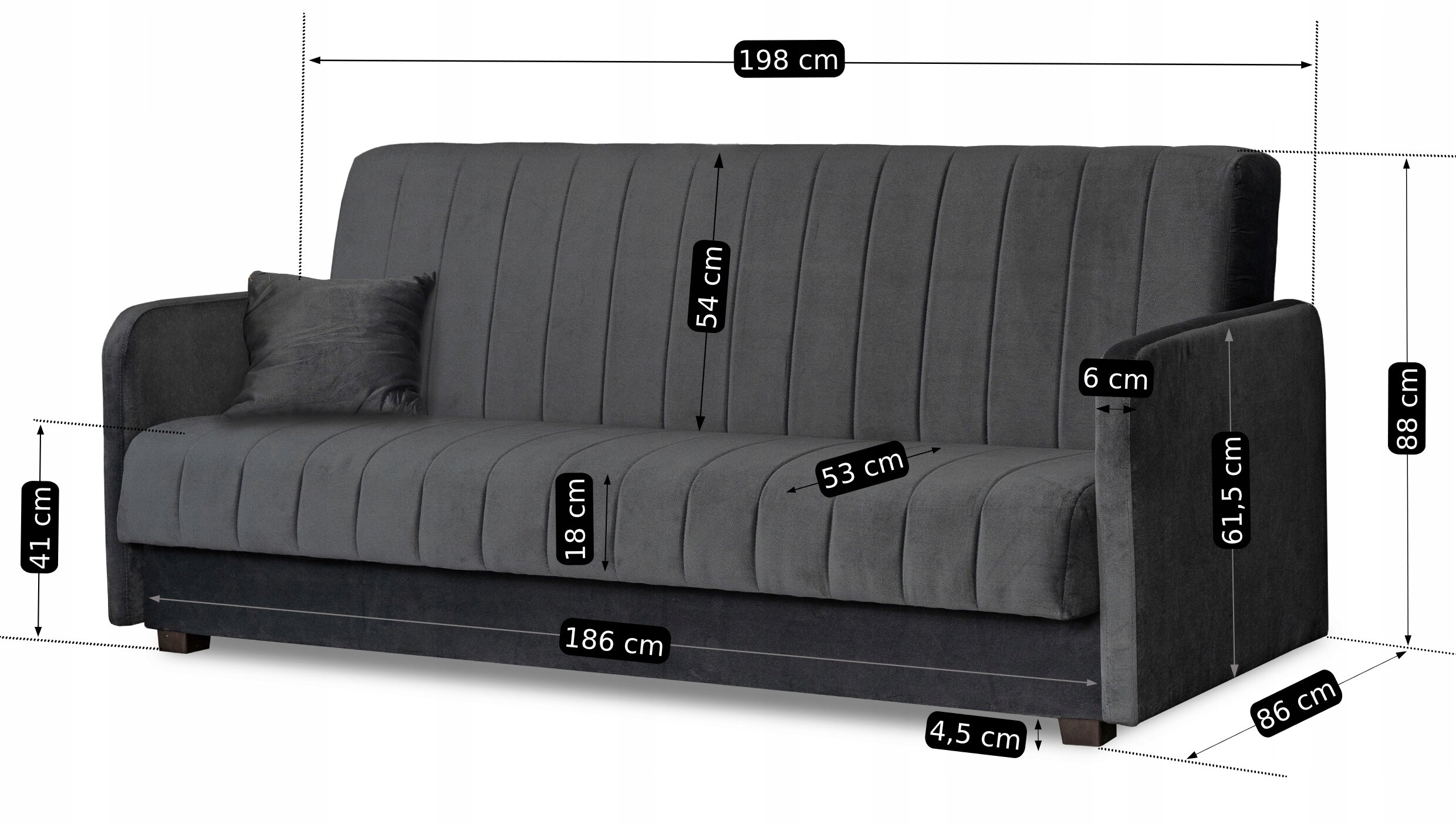 Szara wersalka z funkcją spania, z poduszką, o wymiarach: szerokość 198 cm, głębokość 86 cm, wysokość 88 cm. Widoczne są szczegółowe wymiary poszczególnych elementów, takie jak wysokość siedziska 41 cm i głębokość siedziska 53 cm.