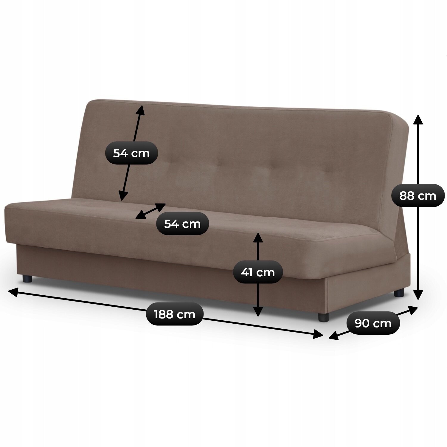 Brązowa sofa welurowa z funkcją spania, z wymiarami: wysokość oparcia 88 cm, głębokość siedziska 54 cm, wysokość siedziska 41 cm, szerokość 188 cm, głębokość 90 cm.