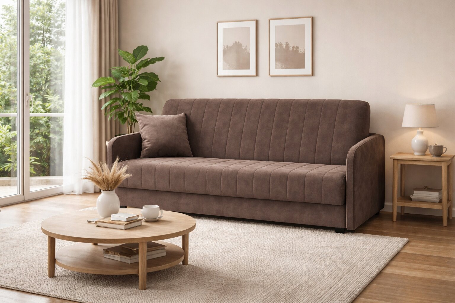 Brązowa welurowa sofa z funkcją spania stoi w salonie, obok niej znajduje się stolik z lampką i filiżanką. Na stoliku kawowym leży wazon z suszonymi trawami oraz kilka książek.