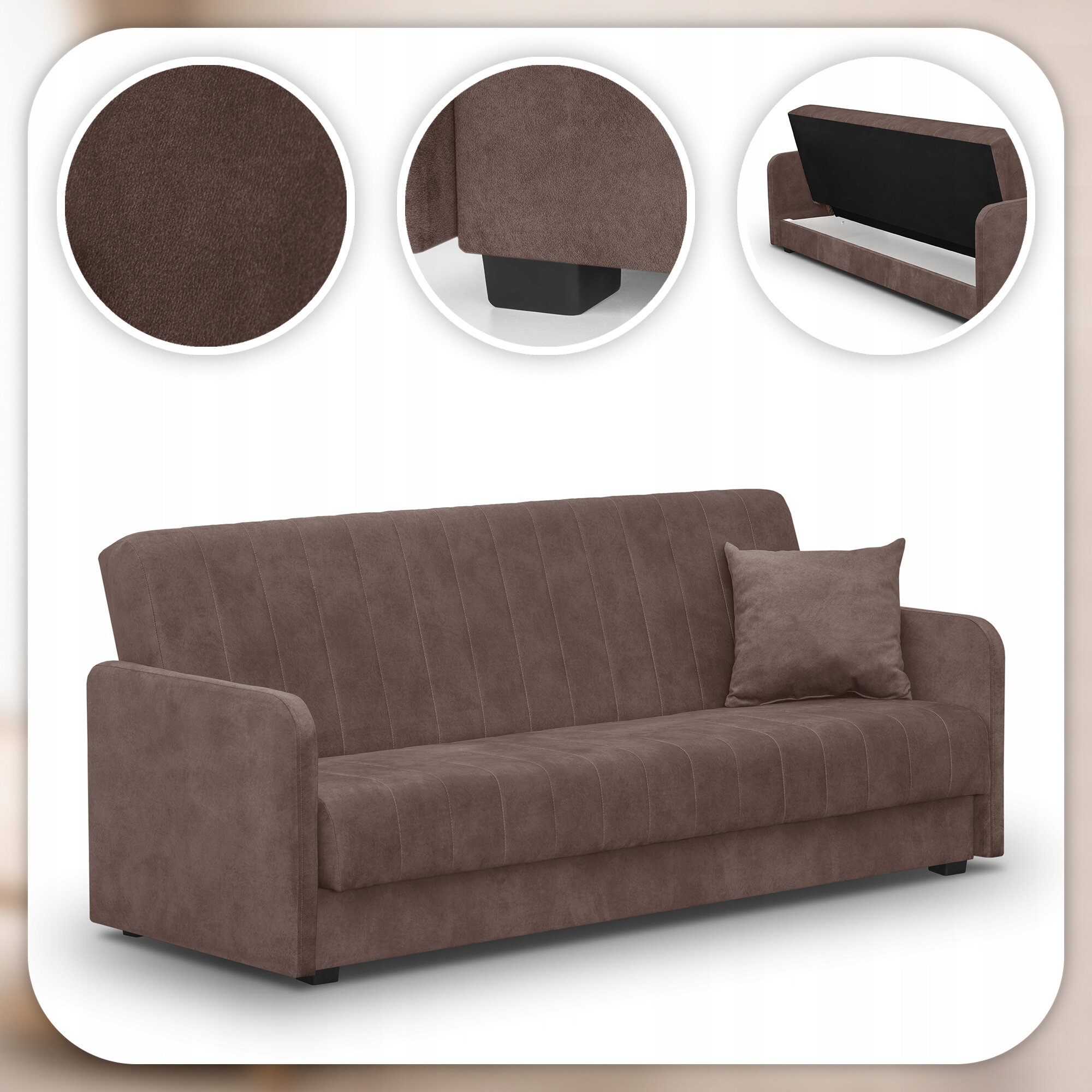 Brązowa welurowa sofa z funkcją spania, z poduszką na siedzisku. Dodatkowe zdjęcia pokazują zbliżenie na materiał, nóżkę oraz otwarty schowek pod siedziskiem.